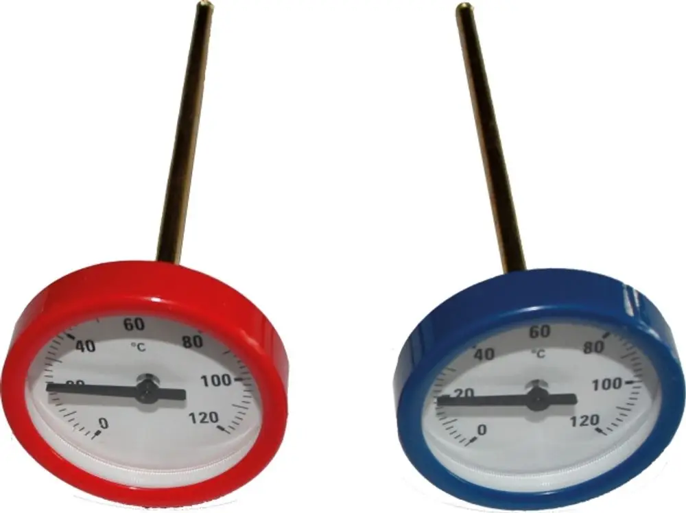Thermometer-Set von Wolf mit zwei analogen Temperaturskalen in Rot und Blau zur Messung von Temperaturen in Heizkreisen.